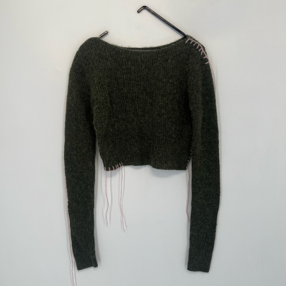 Zara Contrast Topstitched Cropped Wool Alpaca Blend Knit Top